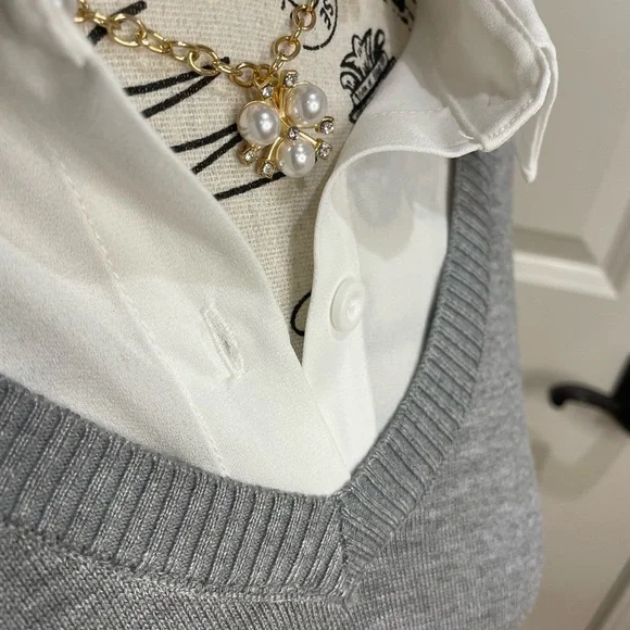Adrianna Papell Gray V-Neck Sweater Vest with White Shirt - Picture 4 of 9
